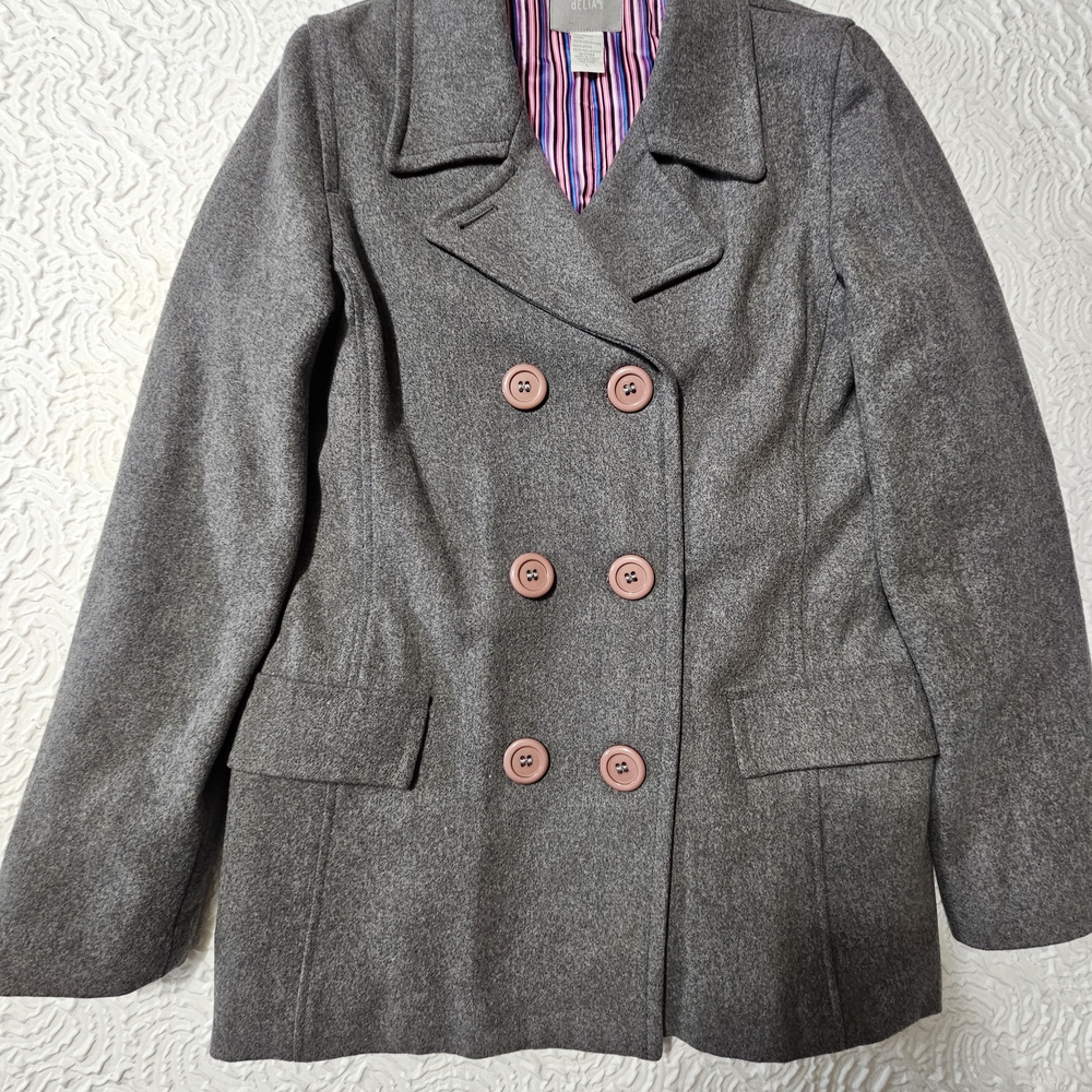 Deliah's Wool Blend Gray Sz Large Double Breasted Pea Coat